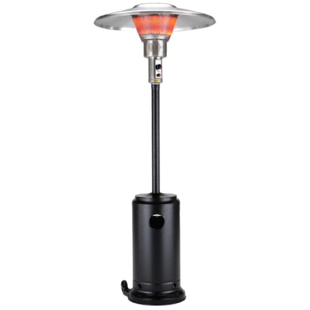 Black steel propane patio heater with a silver reflector and visible flames on a white background.