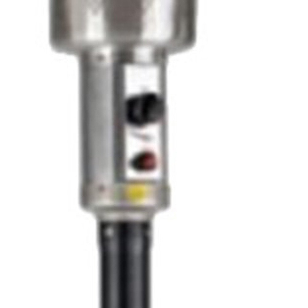 40000 BTU Black Steel Propane Cylindrical Pole Standing Patio Heater. Outdoor heater isolated on a plain white background, in a black metal finish.