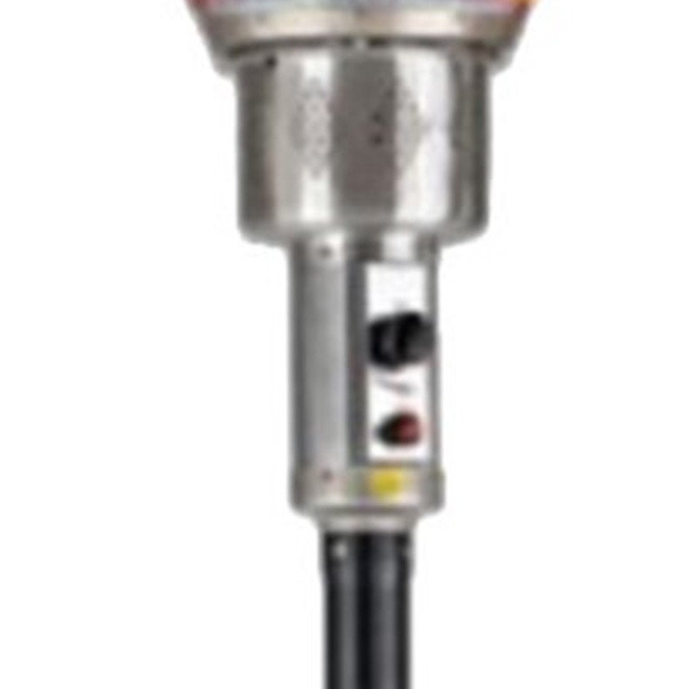 40000 BTU Black Steel Propane Cylindrical Pole Standing Patio Heater. Outdoor heater isolated on a plain white background, finished in black metal.