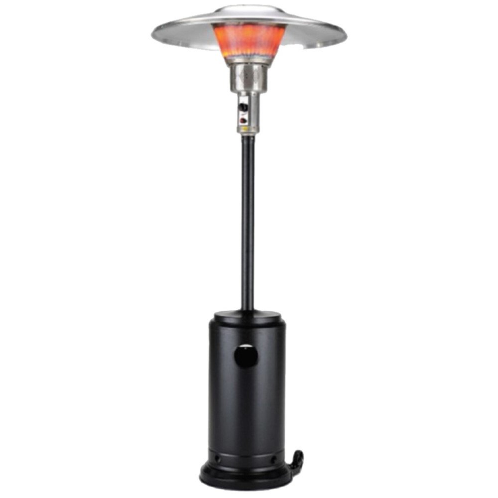 40000 BTU Black Steel Propane Cylindrical Pole Standing Patio Heater. Outdoor heater isolated on a plain white background, showing a black metal surface.