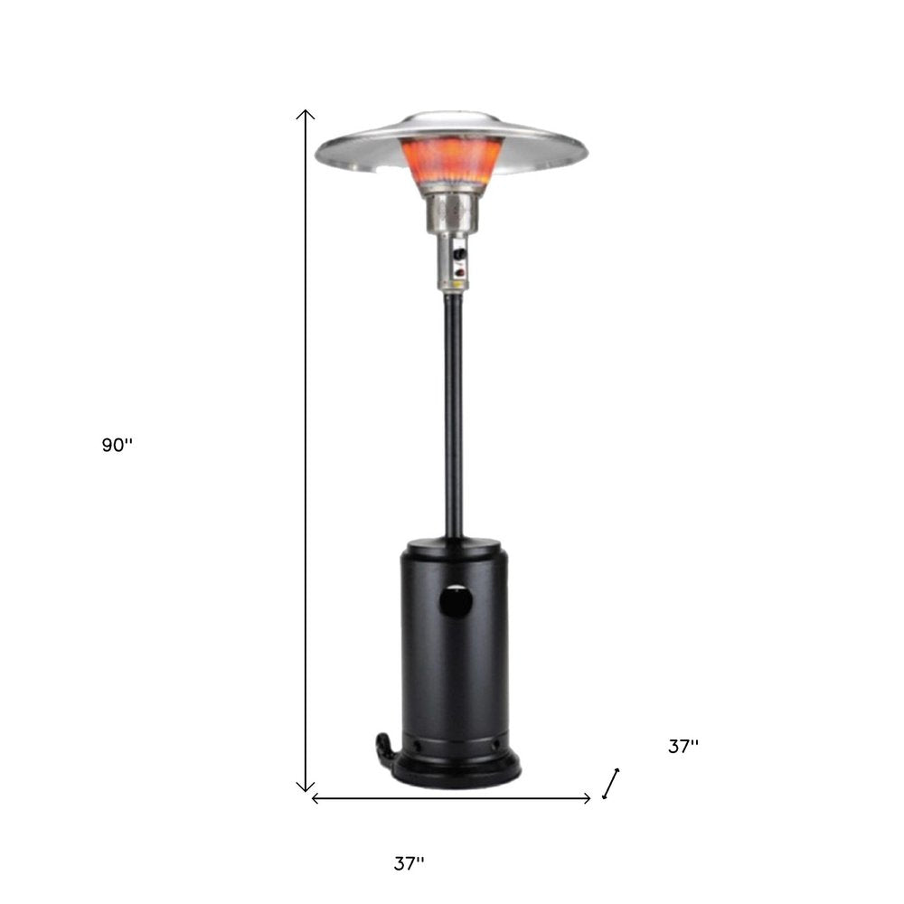 40000 BTU Black Steel Propane Cylindrical Pole Standing Patio Heater. Outdoor heater isolated on a plain white background, in a black metal finish.