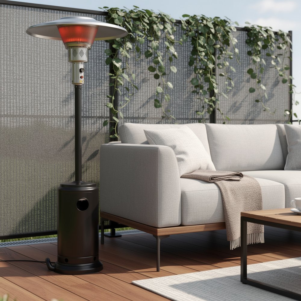 40000 BTU Black Steel Propane Cylindrical Pole Standing Patio Heater shown outdoors on a patio.