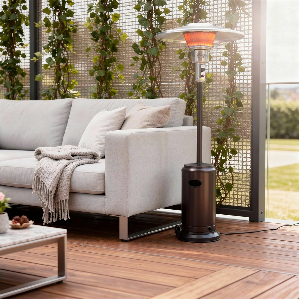 40000 BTU Bronze Steel Propane Cylindrical Pole Standing Patio Heater. Outdoor heater in bronze metal.
