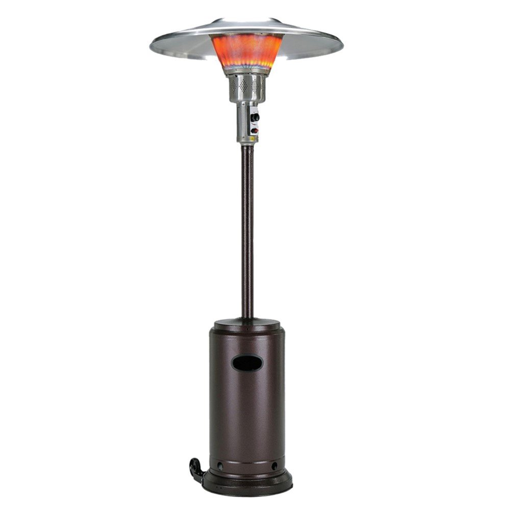 Bronze steel propane patio heater with a reflective top and a cylindrical base on a white background.