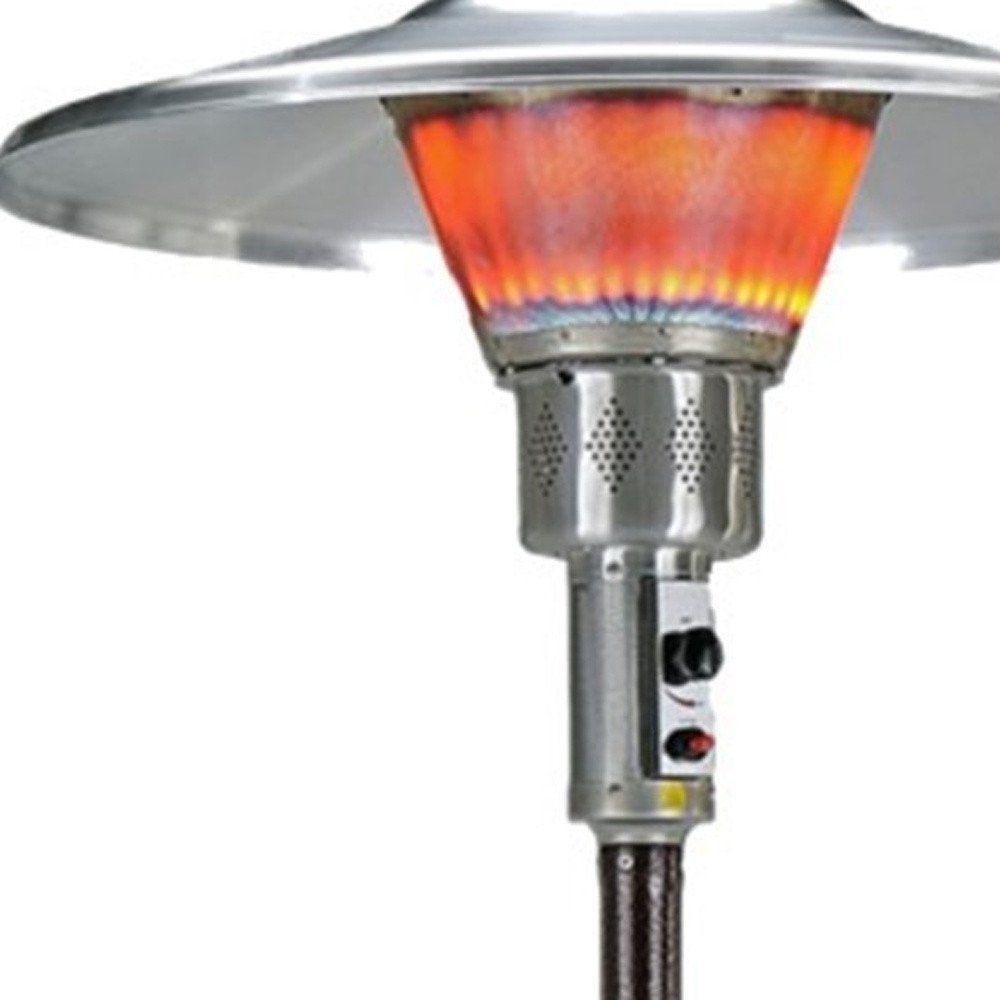 40000 BTU Bronze Steel Propane Cylindrical Pole Standing Patio Heater. Outdoor heater isolated on a plain white background, showing a metal surface.