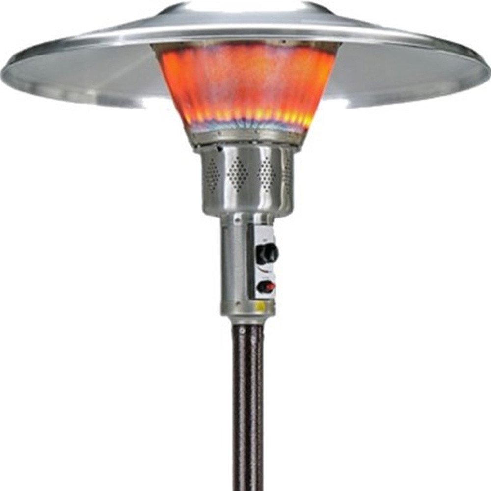 40000 BTU Bronze Steel Propane Cylindrical Pole Standing Patio Heater. Outdoor heater isolated on a plain white background, showing a metal surface.