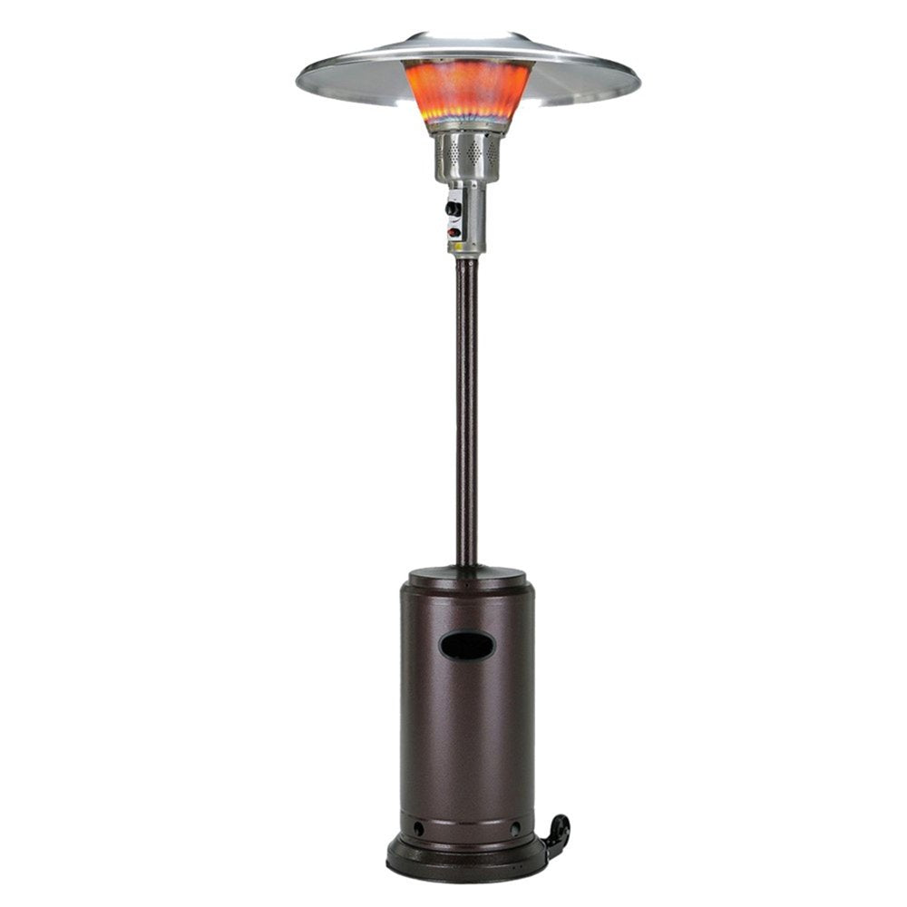 40000 BTU Bronze Steel Propane Cylindrical Pole Standing Patio Heater. Outdoor heater isolated on a plain white background, showing a metal surface.