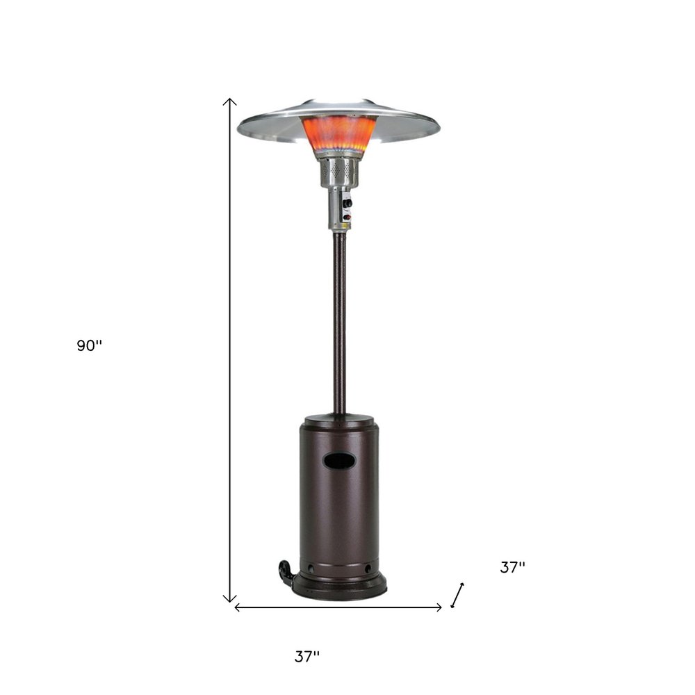40000 BTU Bronze Steel Propane Cylindrical Pole Standing Patio Heater. Outdoor heater isolated on a plain white background, showing a metal surface.