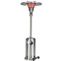 Silver steel propane patio heater with a cylindrical base and a wide reflector, shown against a white background.