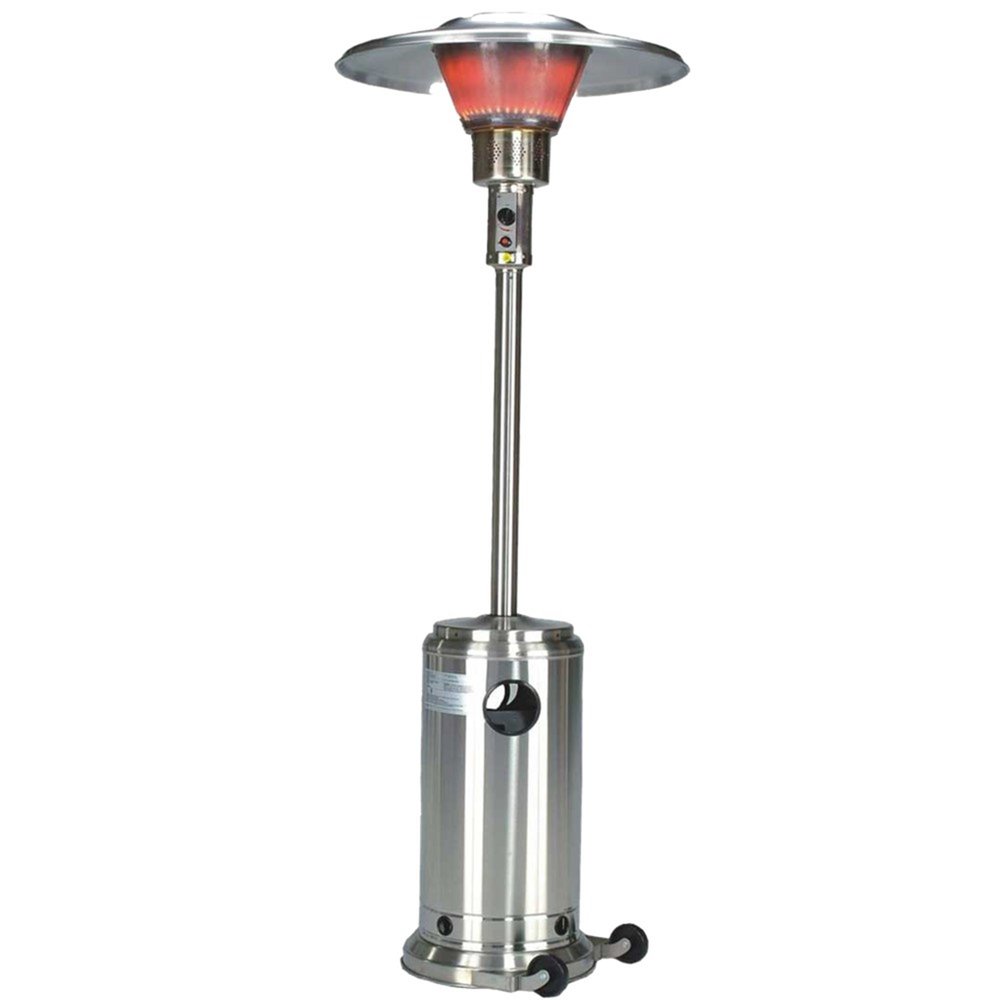 Silver steel propane patio heater with a cylindrical base and a wide reflector, shown against a white background.
