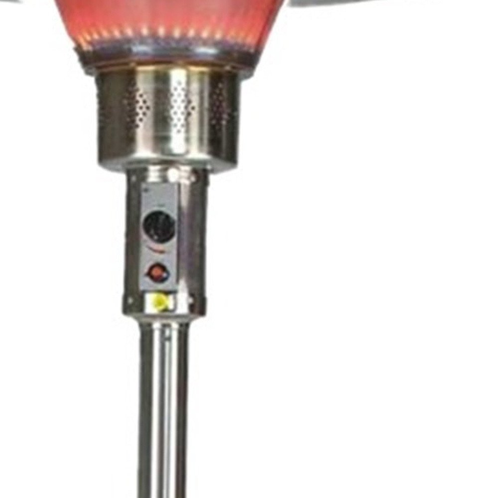 40000 BTU Silver Steel Propane Cylindrical Pole Standing Patio Heater. Outdoor heater isolated on a plain white background, in a silver metal finish.