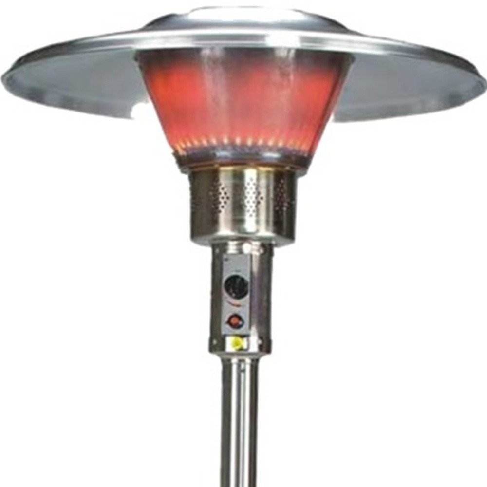 40000 BTU Silver Steel Propane Cylindrical Pole Standing Patio Heater. Outdoor heater isolated on a plain white background, finished in silver metal.