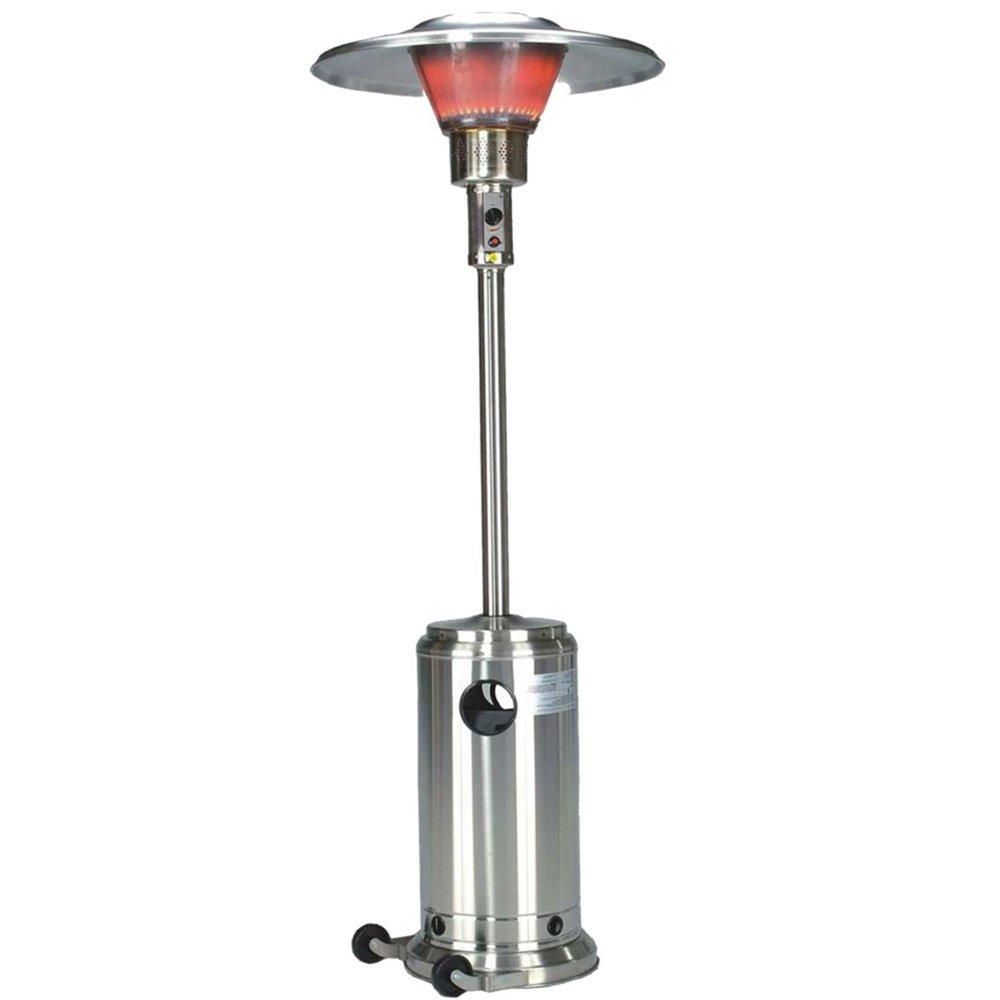 40000 BTU Silver Steel Propane Cylindrical Pole Standing Patio Heater. Outdoor heater isolated on a plain white background, showing a silver metal surface.