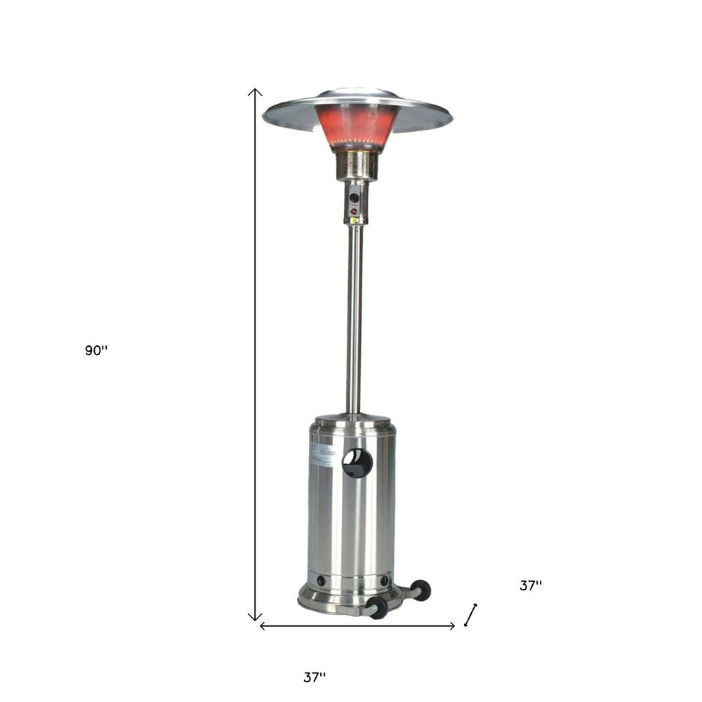 40000 BTU Silver Steel Propane Cylindrical Pole Standing Patio Heater. Outdoor heater isolated on a plain white background, in a silver metal finish.