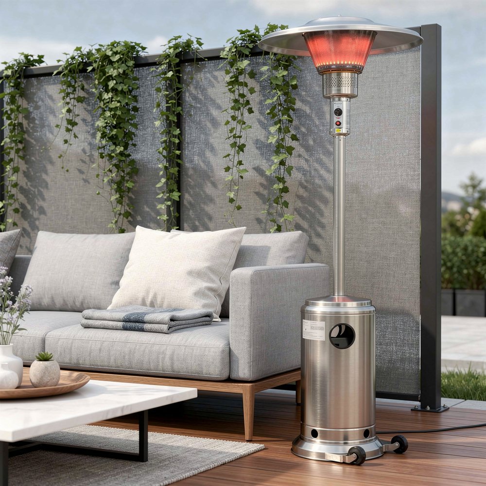 40000 BTU Silver Steel Propane Cylindrical Pole Standing Patio Heater shown outdoors on a patio.