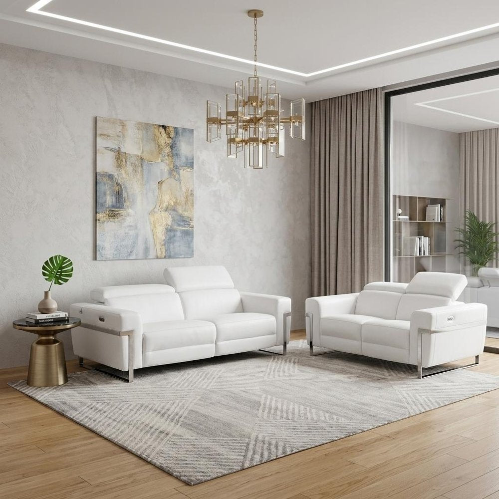 Two Piece White Italian Leather Five Person Seating Set - 40" H x 82.6" W x 43" D