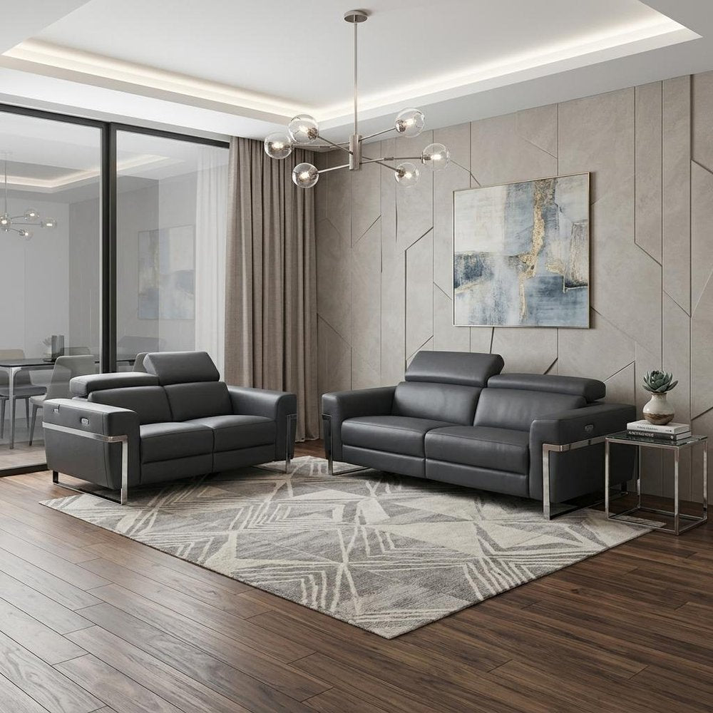 Two Piece Indoor Dark Gray Italian Leather Five Person Seating Set - 40" H x 82.6" W x 43" D in a home interior