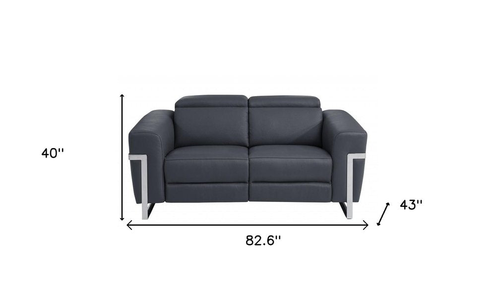Dark gray Italian leather five-person seating set with dimensions 40" H x 82.6" W x 43" D, on a white background.