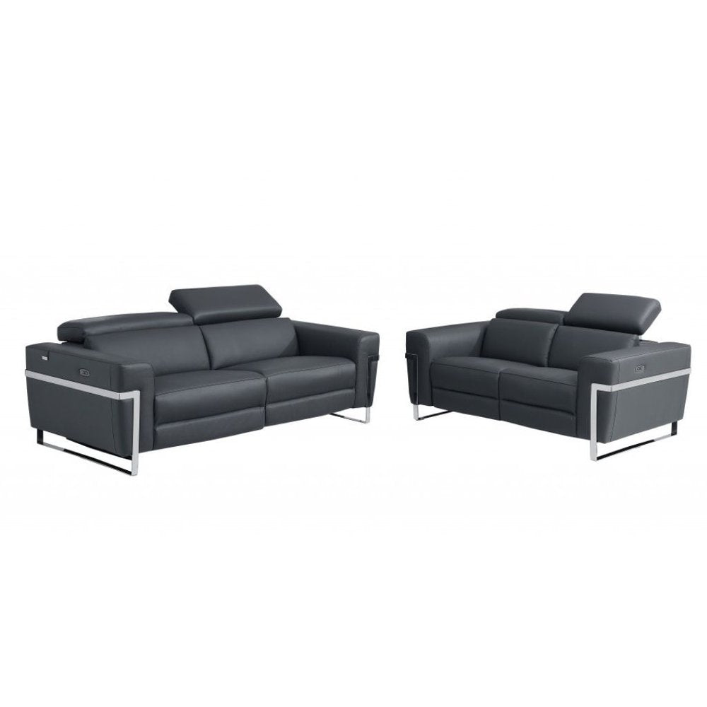 Two Piece Indoor Dark Gray Italian Leather Five Person Seating Set - 40" H x 82.6" W x 43" D