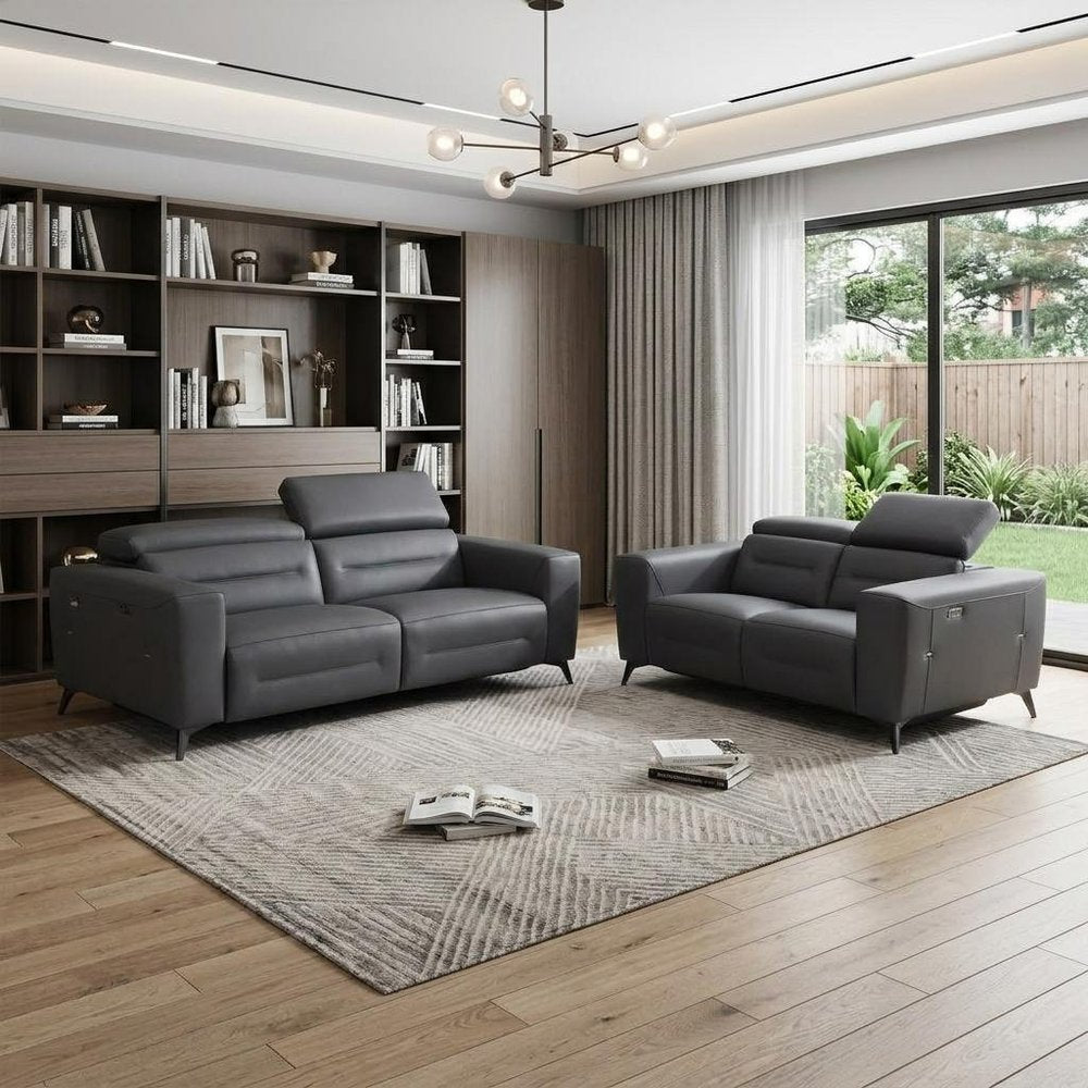 Two Piece Indoor Dark Gray Italian Leather Five Person Seating Set - 40" H x 82.4" W x 43" D in a home interior