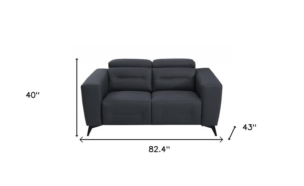 Dark gray Italian leather five-person seating set with dimensions 82.4" W x 43" D x 40" H.