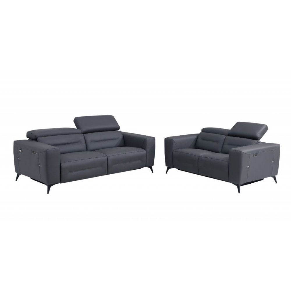 Two Piece Indoor Dark Gray Italian Leather Five Person Seating Set - 40" H x 82.4" W x 43" D