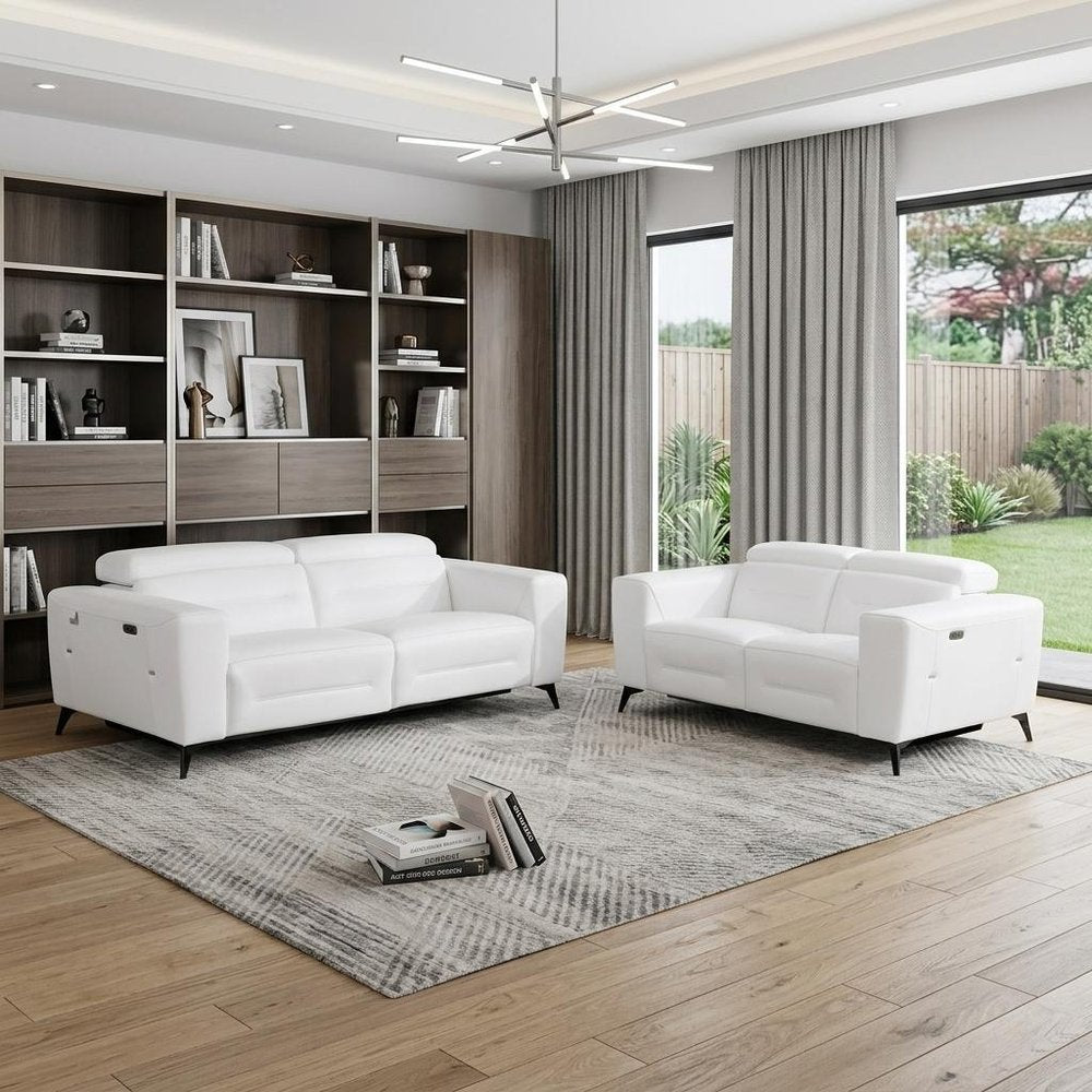 Two Piece White Italian Leather Five Person Seating Set - 40" H x 82.4" W x 43" D