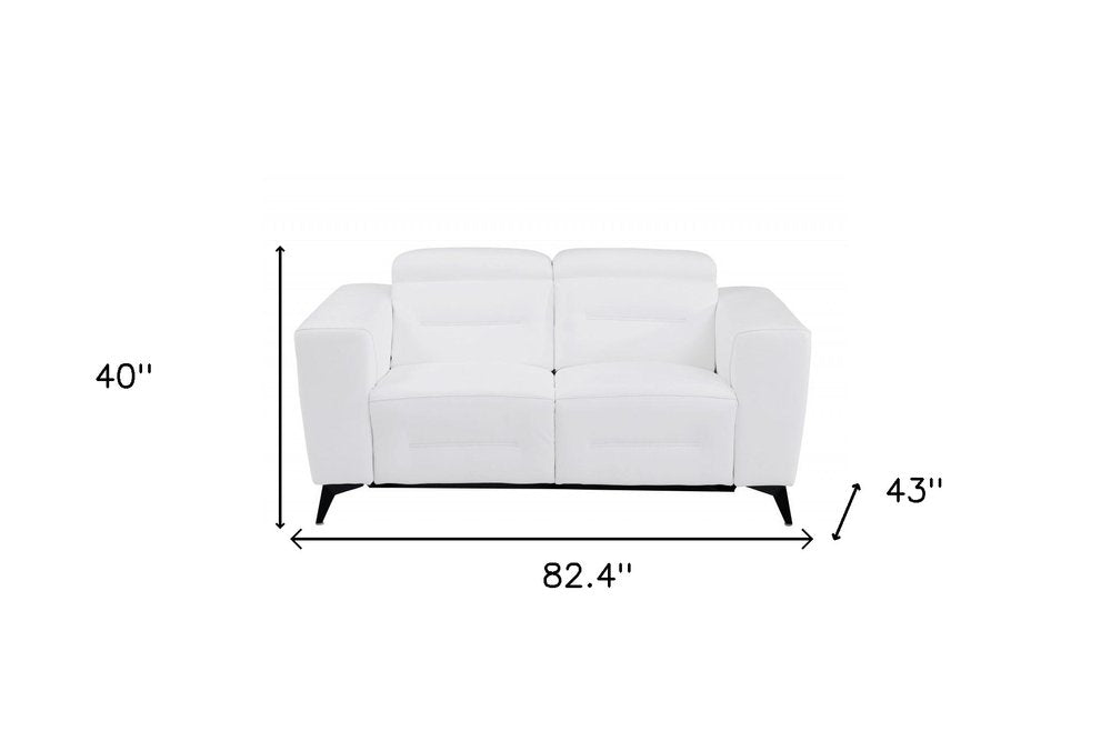 White Italian leather loveseat with dimensions 40" H x 82.4" W x 43" D on a white background.