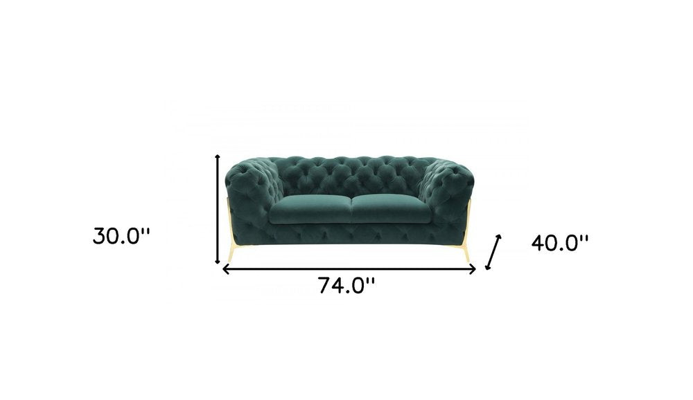 74" Emerald And Gold Velvet Loveseat on a white background