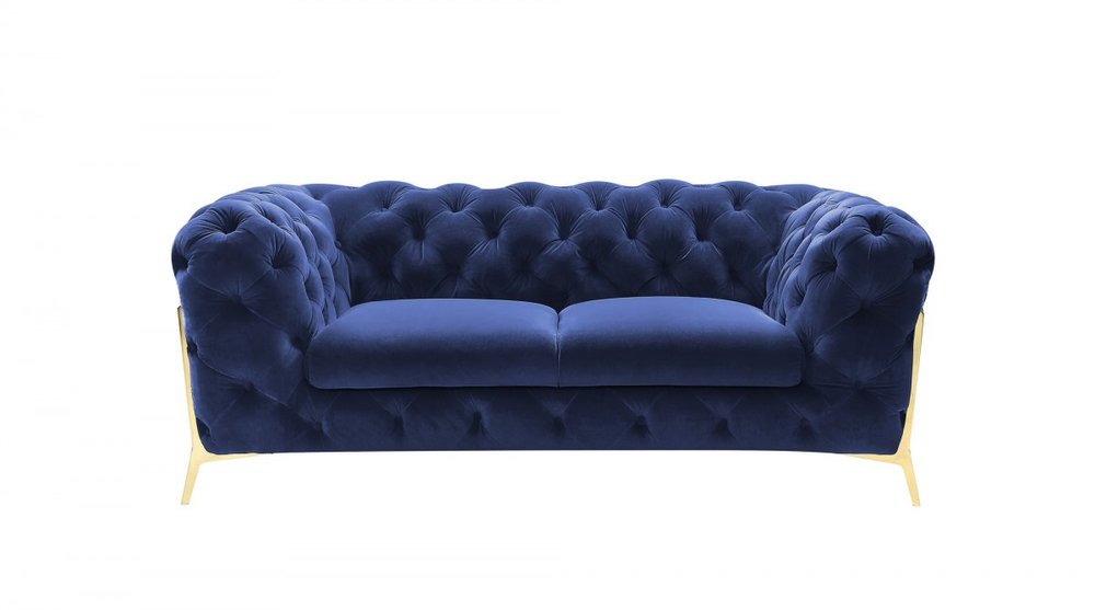 74" Blue And Gold Velvet Loveseat on a white background