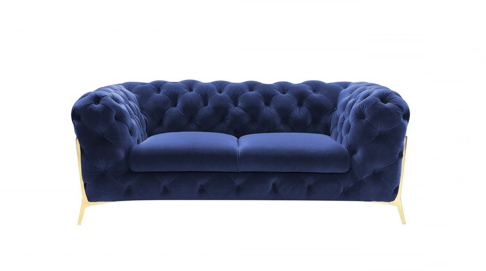 74" Blue And Gold Velvet Loveseat on a white background