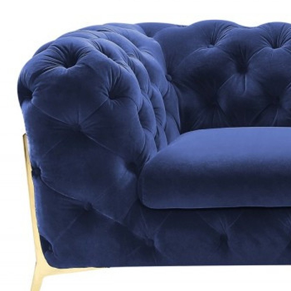 74" Blue And Gold Velvet Loveseat on a white background