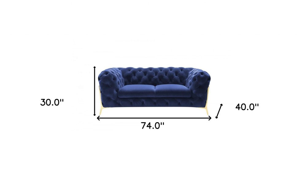 74" Blue And Gold Velvet Loveseat on a white background