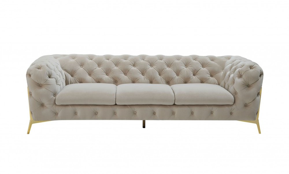 97" Beige Velvet Sofa With Gold Legs on a white background