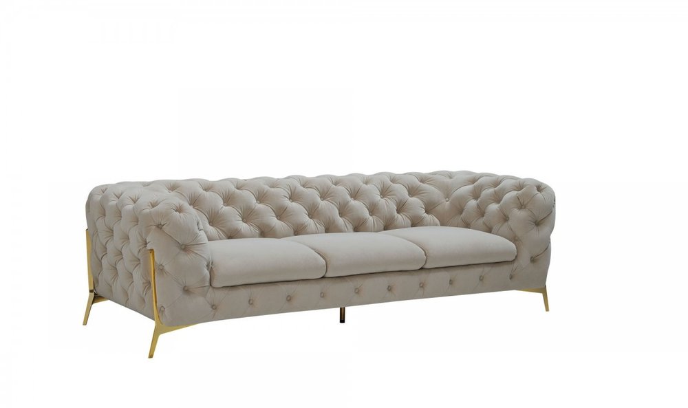 97" Beige Velvet Sofa With Gold Legs on a white background