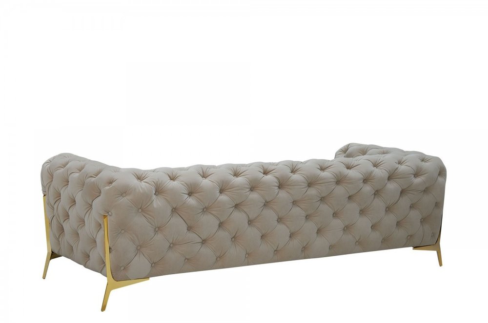 97" Beige Velvet Sofa With Gold Legs on a white background