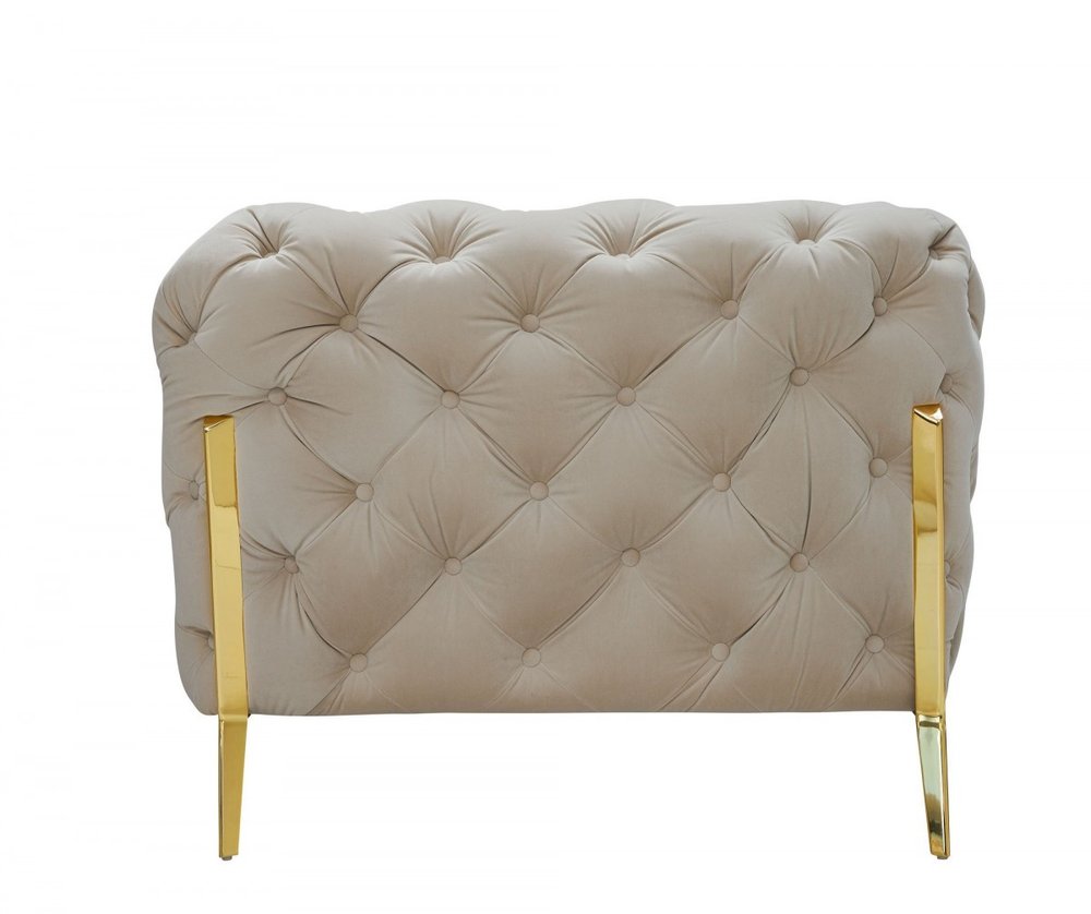 97" Beige Velvet Sofa With Gold Legs on a white background