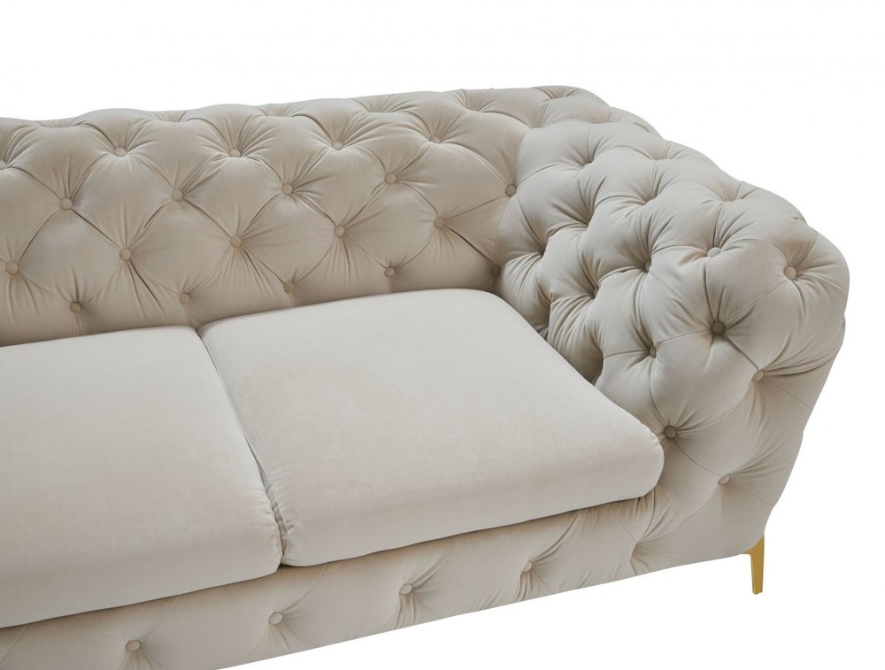 97" Beige Velvet Sofa With Gold Legs on a white background