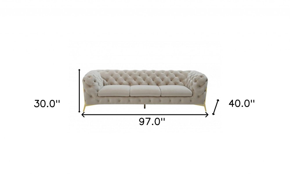 97" Beige Velvet Sofa With Gold Legs on a white background