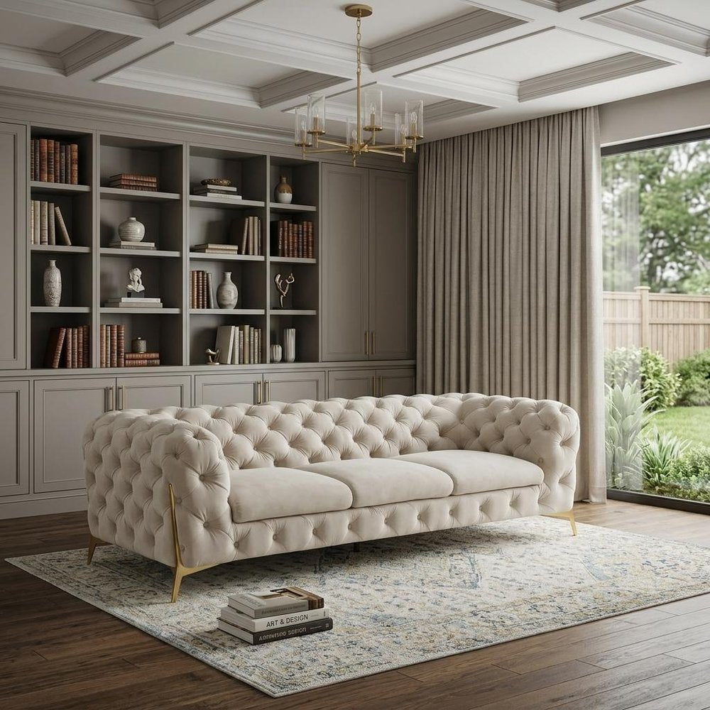 97" Beige Velvet Sofa With Gold Legs in a home interior