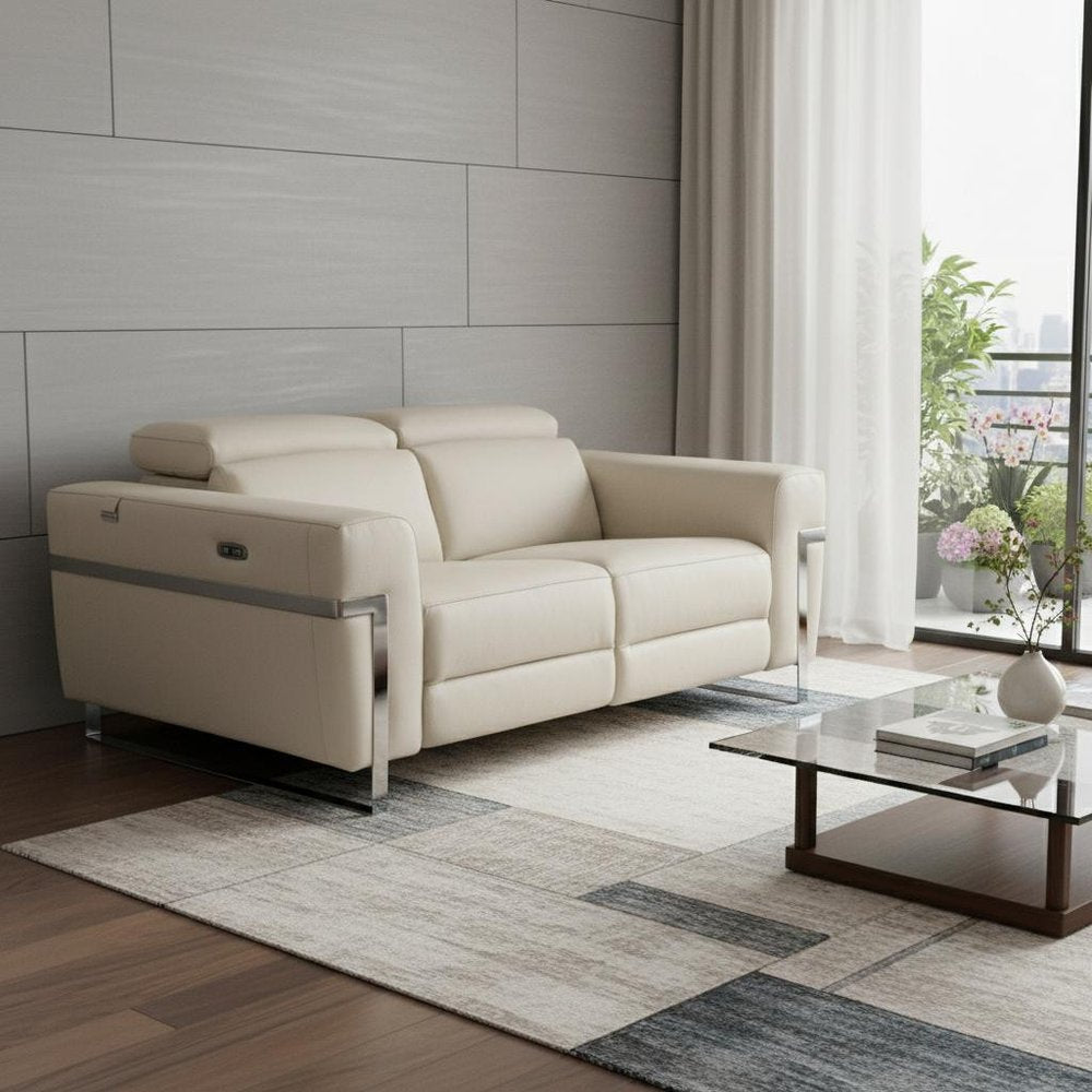 65" Beige And Silver Italian Leather Power Reclining Loveseat