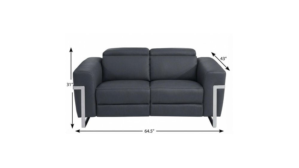 65" Gray And Silver Italian Leather Power Reclining Loveseat