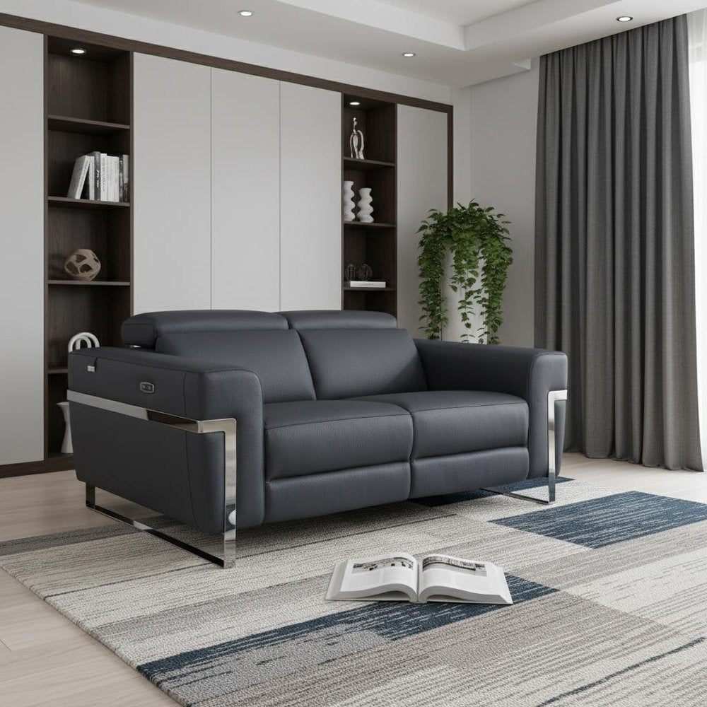 65" Gray And Silver Italian Leather Power Reclining Loveseat