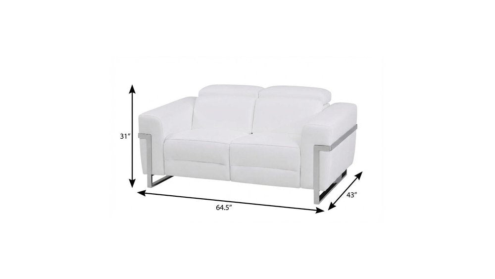 65" White And Silver Italian Leather Power Reclining Loveseat