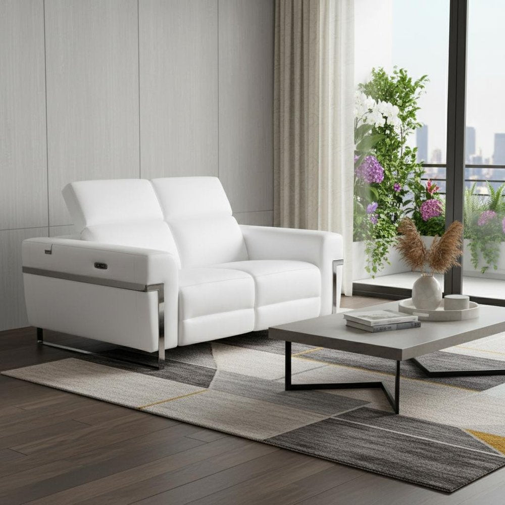 65" White And Silver Italian Leather Power Reclining Loveseat