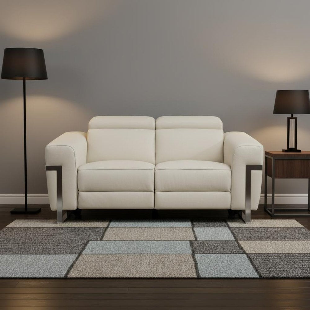 65" Beige And Silver Italian Leather Power Reclining Loveseat