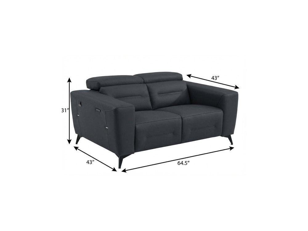 65" Gray And Black Italian Leather Power Reclining Loveseat
