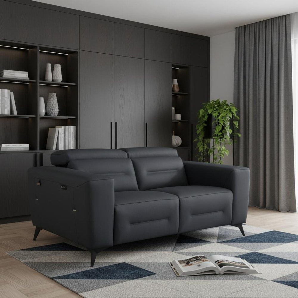 65" Gray And Black Italian Leather Power Reclining Loveseat