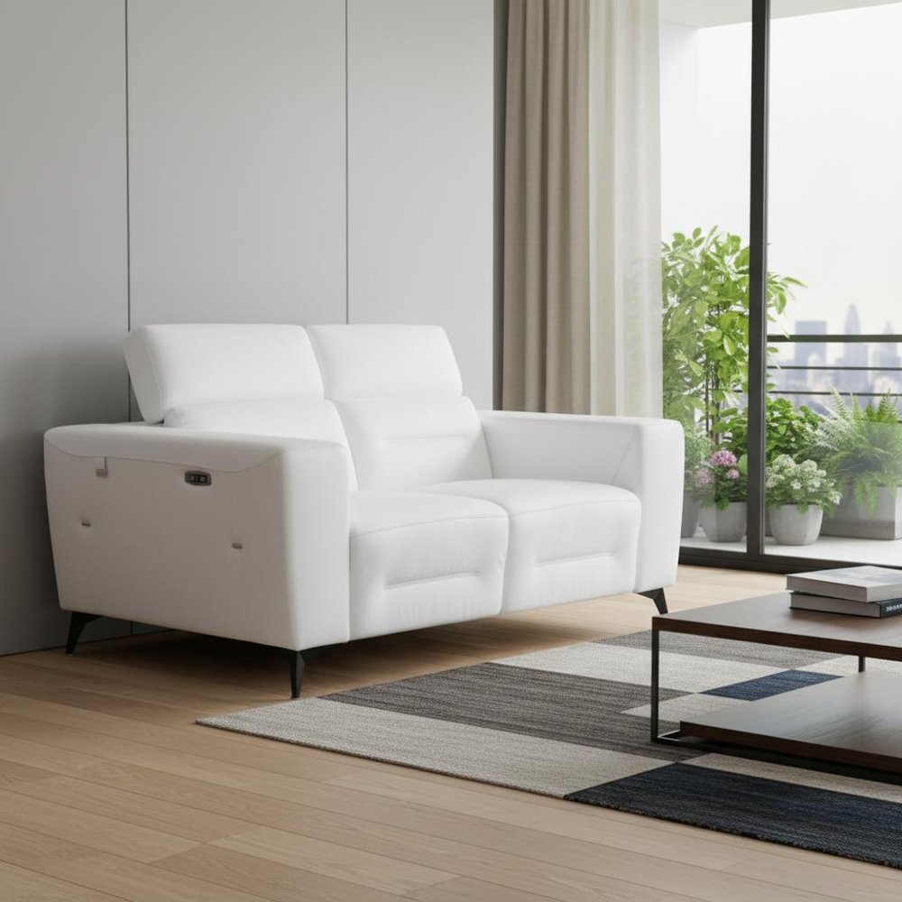 65" White And Black Italian Leather Power Reclining Loveseat