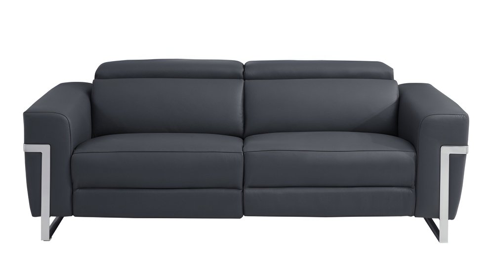 83" Beige Italian Leather USB Reclining Sofa With Silver Legs